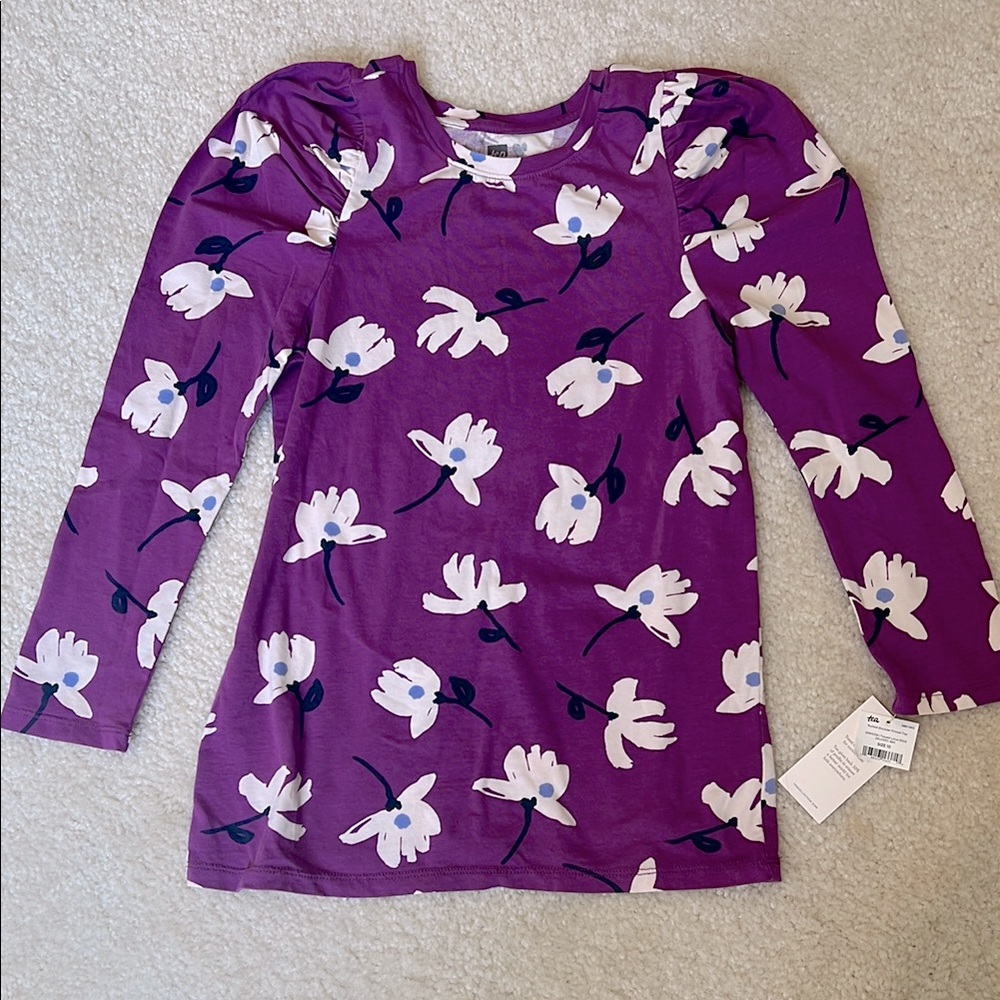 Tea rouched shoulder printed top, purple with white flowers size 10Y. NWT.